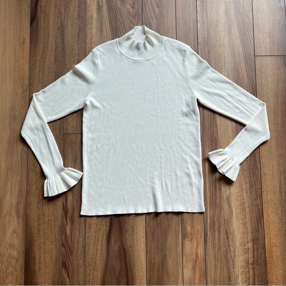 COS Cream Ribbed Long Sleeve Mock Neck Sweater Blouse with Ruffle Sleeve